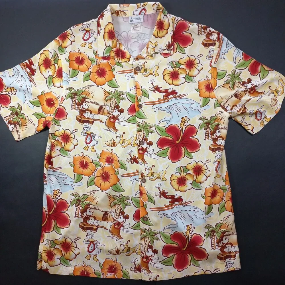 Disney Parks Hawaiian Shirt Mens Medium M Mickey Goofy Surfing Rayon Aloha